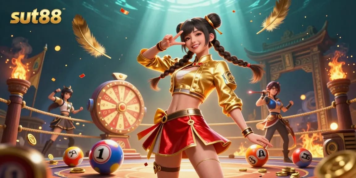 Sut88 transforms gaming with vibrant casino illustrations featuring 3D lottery balls and a prize wheel.