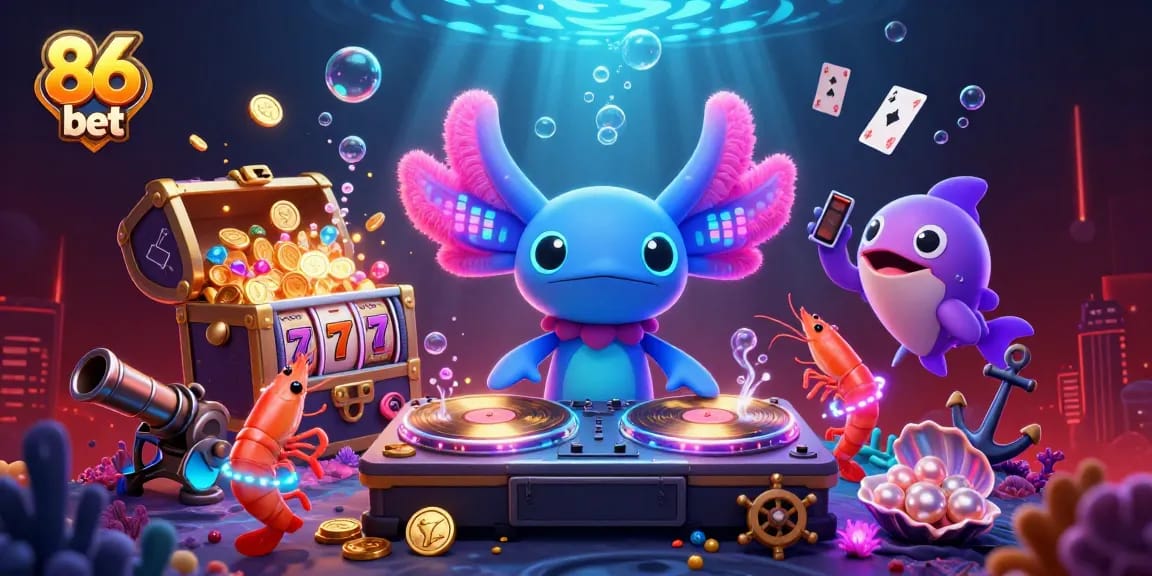 Experience the thrill of 86 bet with a vibrant casino-themed underwater scene featuring neon axolotl DJ and game elements.