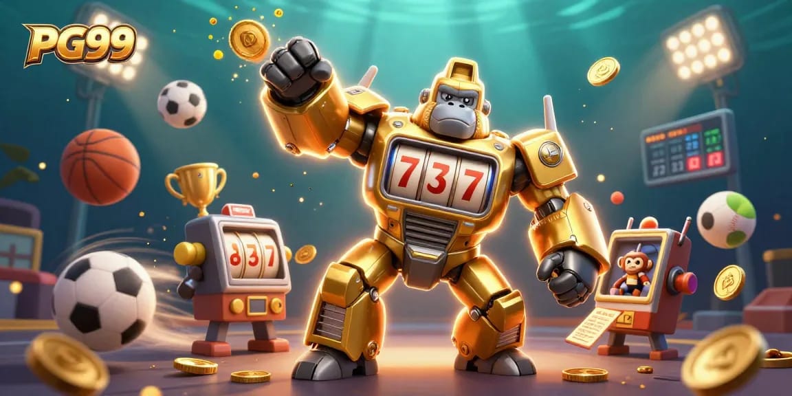 PG99 showcases vibrant gaming action with a golden gorilla mech amid dynamic sports elements.