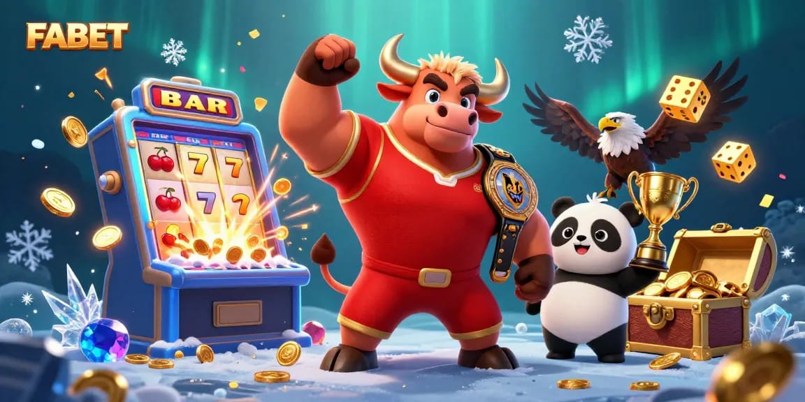 FABET players celebrating a jackpot win at an exciting casino scene with vibrant characters and elements.