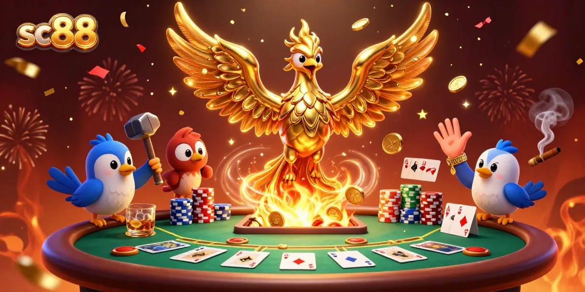 Experience thrilling gameplay at sc88, featuring golden phoenix and vibrant poker elements.