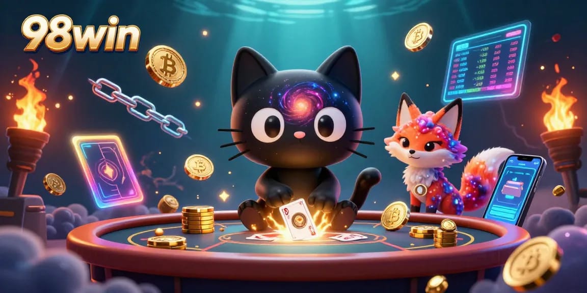 Engage with 98win casino excitement while a cosmic cat and nebula fox spin the table for crypto rewards.