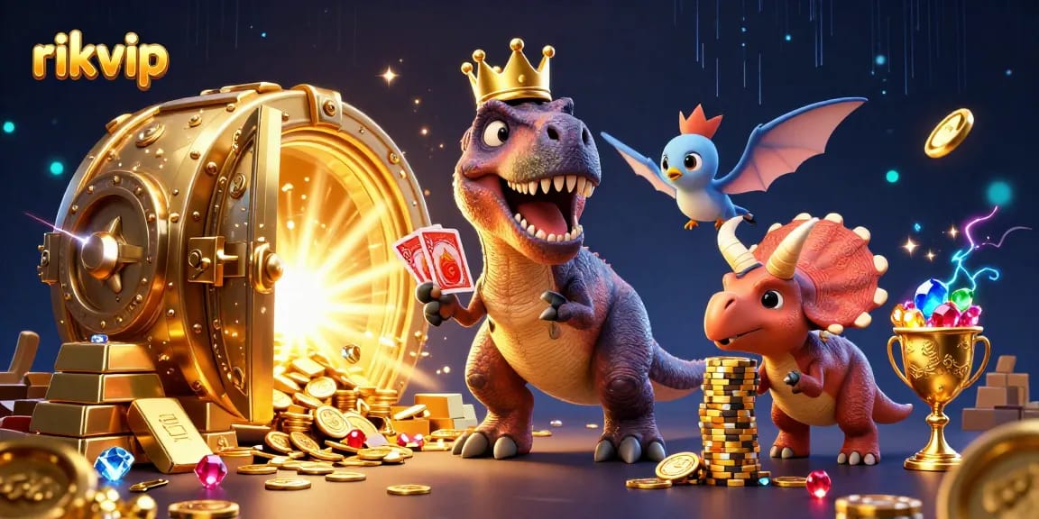 Enjoy thrilling gaming action with rikvip in a vibrant 3D casino scene featuring charming dino characters.