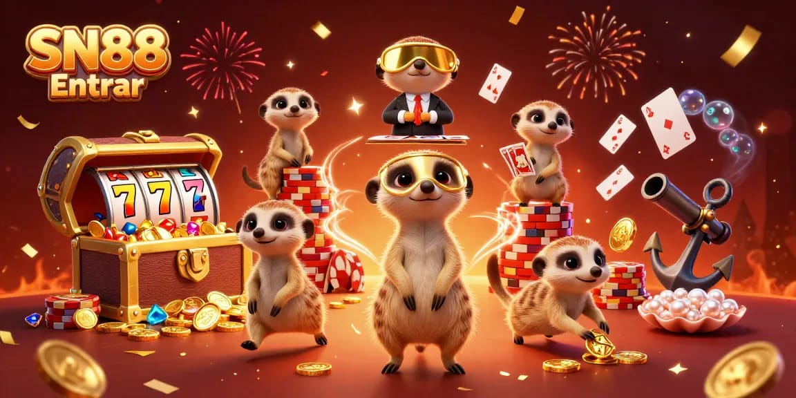 Experience excitement with SN88 Entrar as meerkats operate a casino, featuring vibrant slot reels and game scenes.