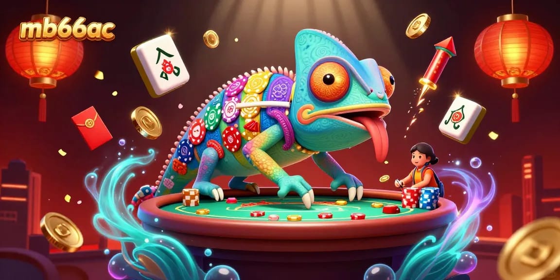 Experience the vibrant mb66ac casino world with lively chameleon owner and festive elements.