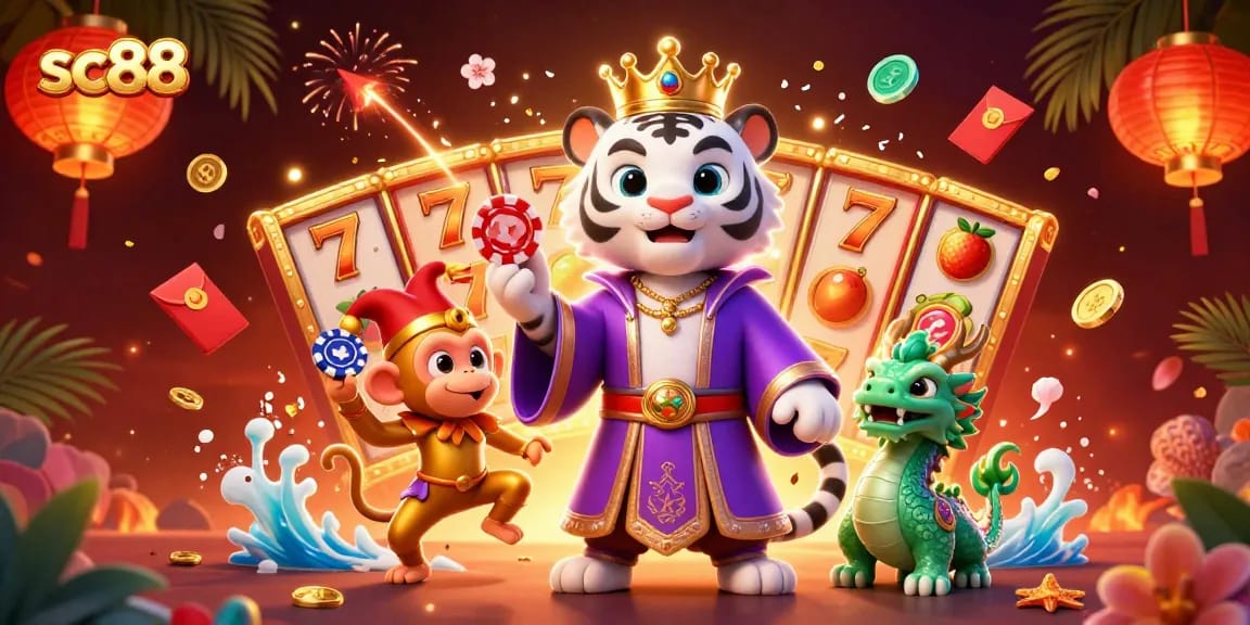 Engage in thrilling gameplay at sc88 with vibrant characters juggling poker chips and slot machines.