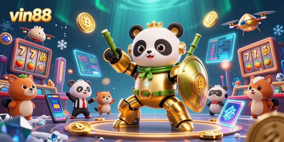 Experience lively gameplay in the vin88 casino with cartoon mech-suit panda battling for jackpots.