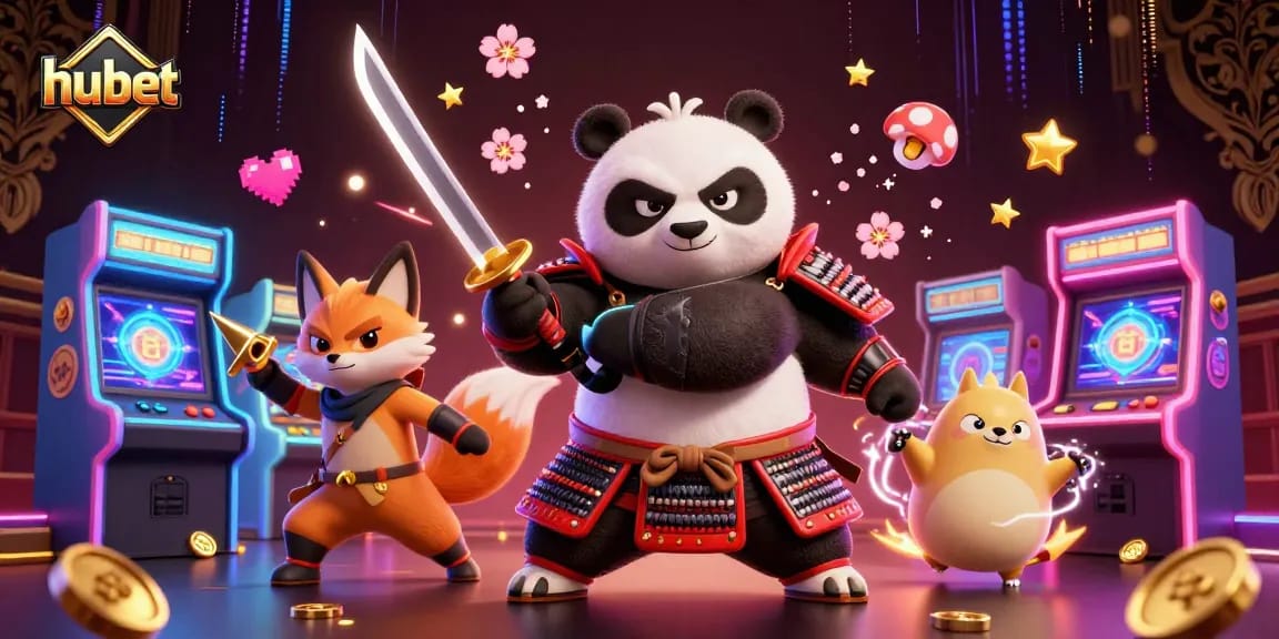 Hubet features a fierce panda samurai and ninja fox in a packed, vibrant gaming scene.