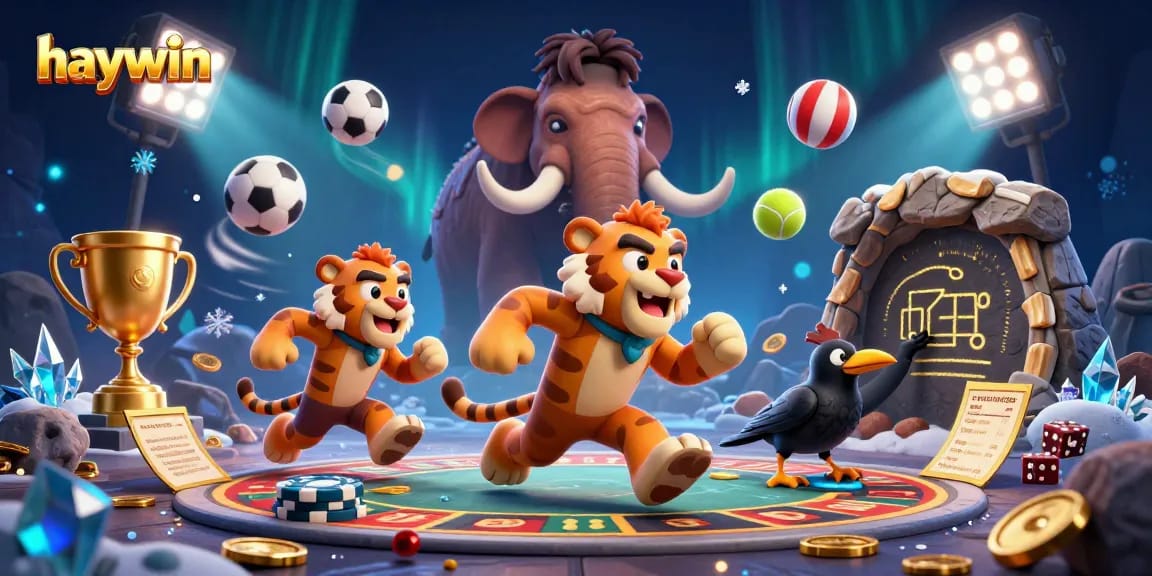 Experience the excitement at haywin with a vibrant prehistoric casino scene featuring characters and dynamic game elements.