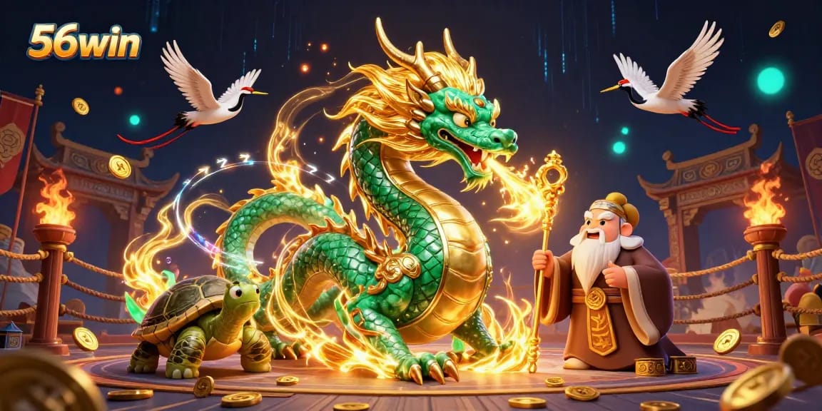 Experience thrilling gameplay with 56win's dynamic 3D casino illustration showcasing a jade dragon and lucky cranes.