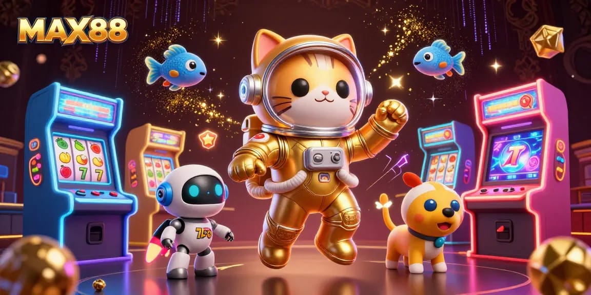 Experience MAX88 with a vibrant casino-themed 3D scene featuring an astronaut cat and exciting gaming elements.