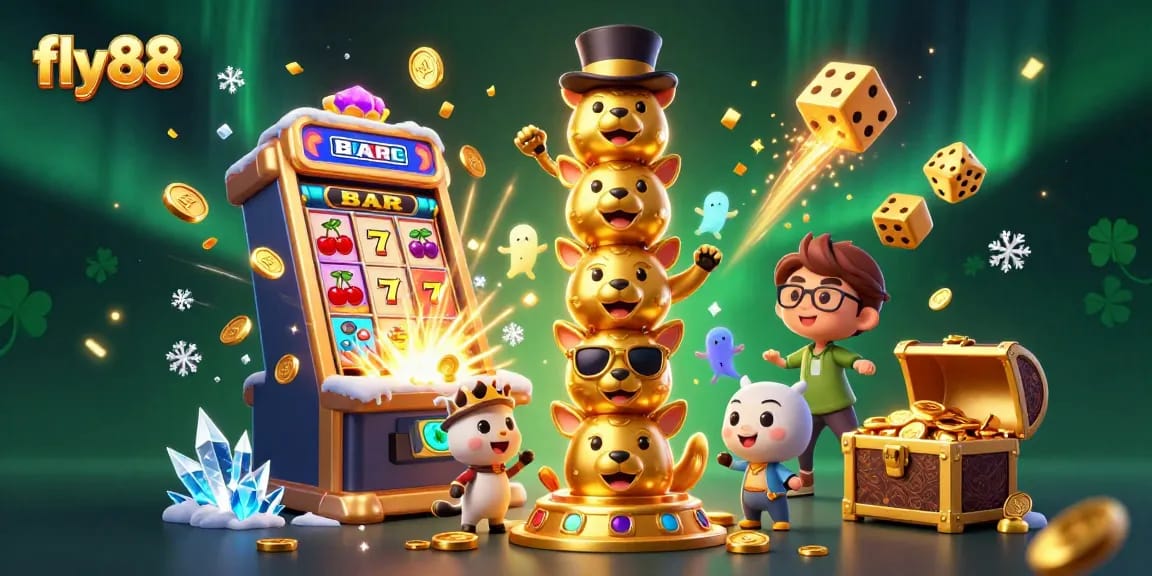 Win big at fly88 with colorful slot machines and a golden totem, celebrating casino fun.