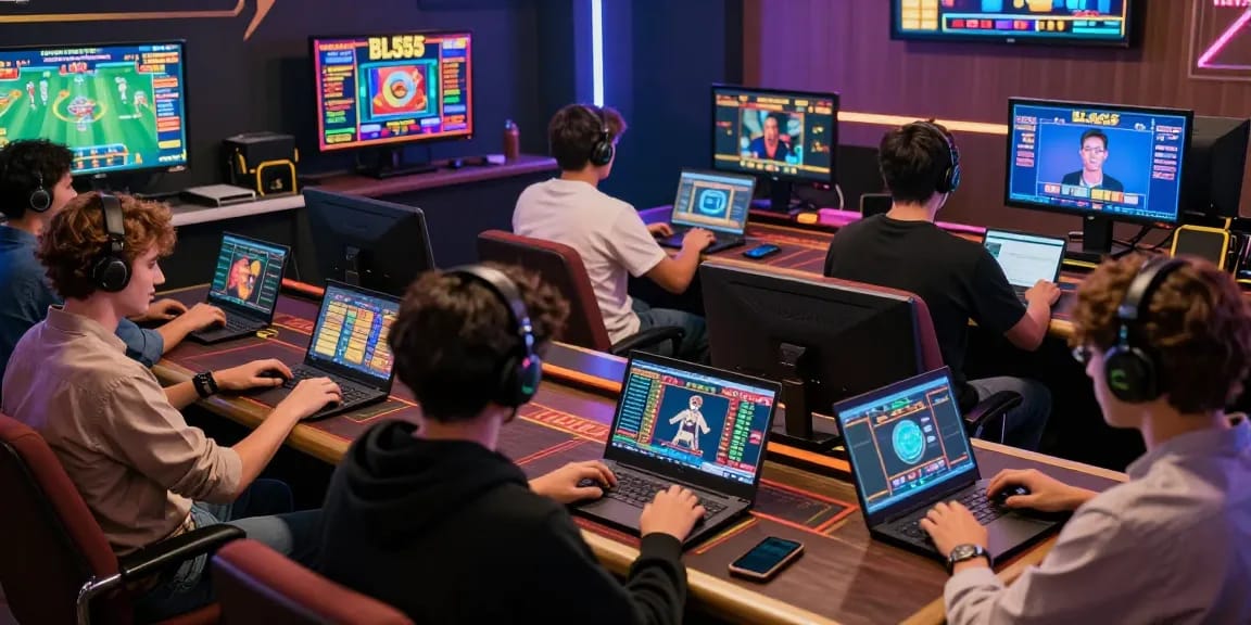 Players actively engaging on BL555 online gaming platform, surrounded by vibrant screens and dynamic betting activities.
