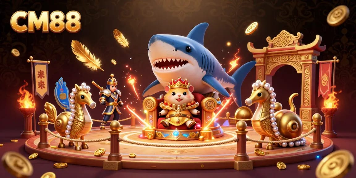 Engage with CM88's thrilling gaming arena featuring a golden hamster king amid vibrant casino elements.