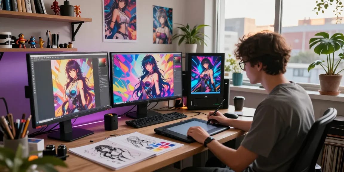 AI hentai artist creating vibrant illustrations in a creative digital studio.