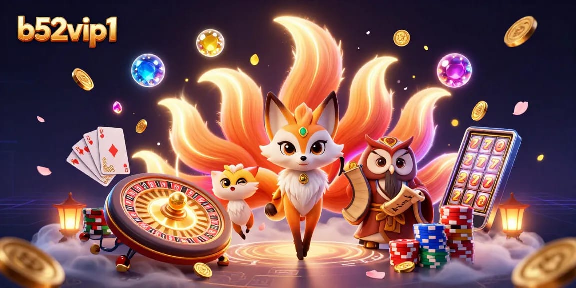 b52vip1 gaming experience with vibrant characters and casino elements for players to engage.