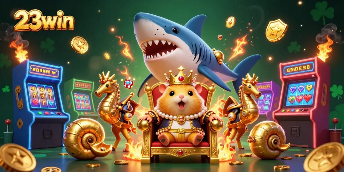 Experience the excitement at 23win with a dynamic casino-themed digital illustration featuring vibrant gaming elements.