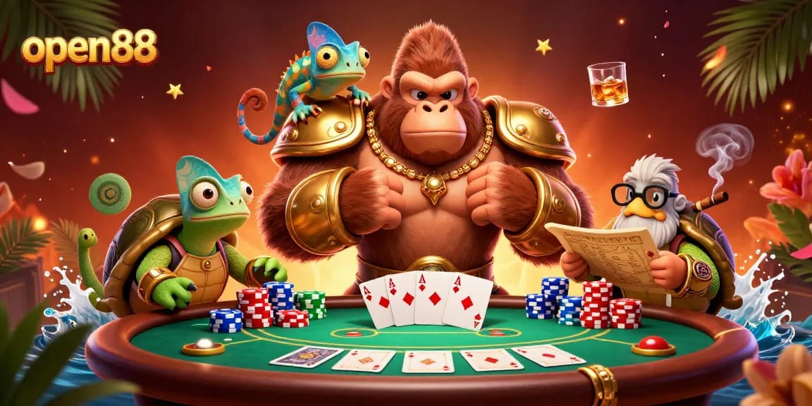 Engage in thrilling gameplay at open88 with the king gorilla and wise tortoise in a vibrant casino scene.