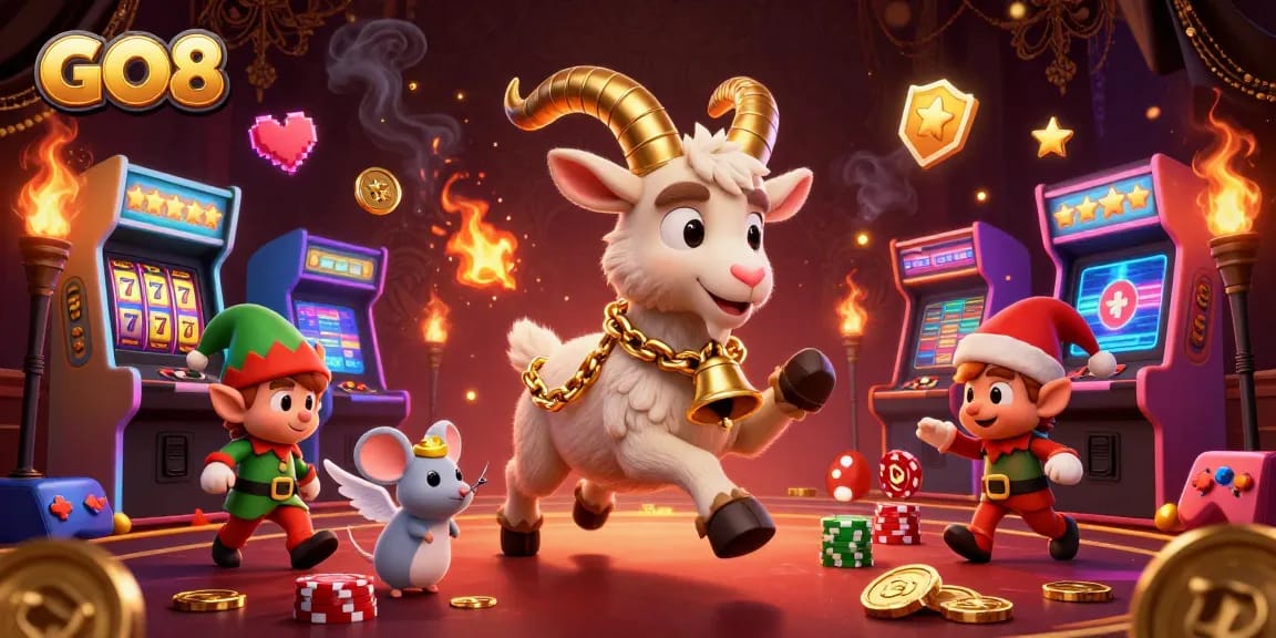 GO8 showcases a vibrant casino scene with Krampus, angel mouse, and elf gremlins amidst slot machines and coins.
