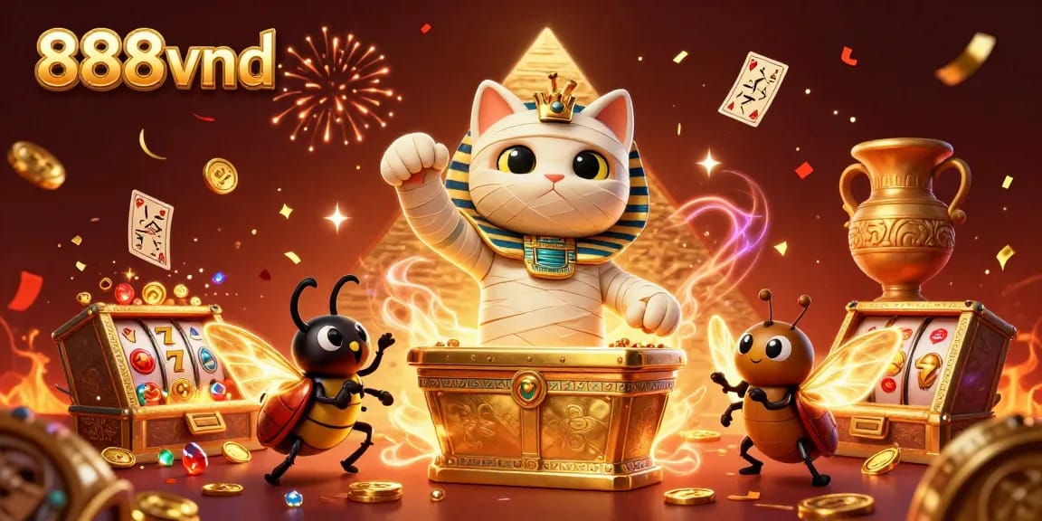 Experience gaming thrills at 888vnd with a dynamic Egyptian-themed casino illustration showcasing a mummy cat.