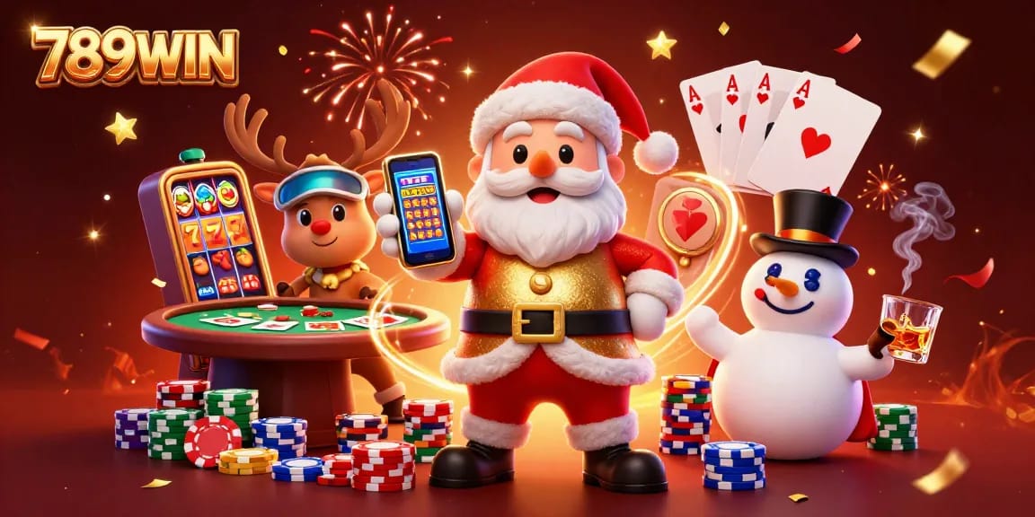 Experience the excitement of 789WIN with Santa in a festive casino scene filled with jackpots and vibrant gaming action.