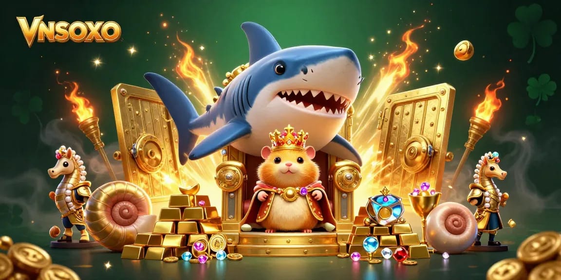 VNSOXO showcases a vibrant scene with a golden hamster king and treasures in a thrilling gambling environment.