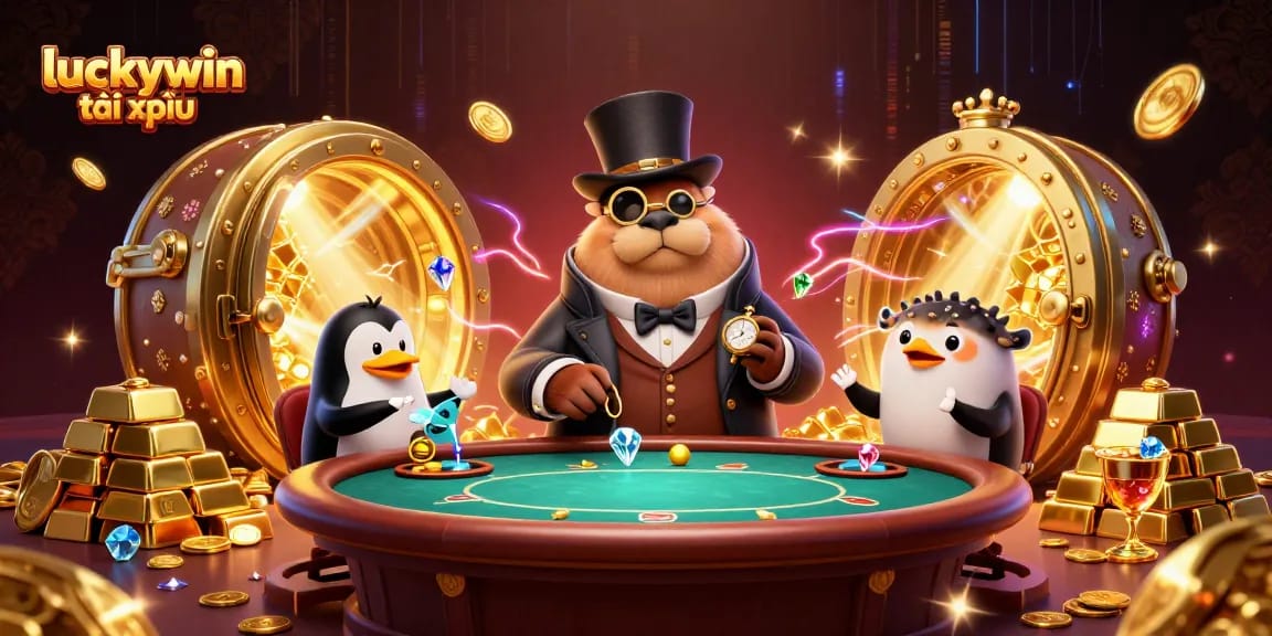 Engage in thrilling luckywin tài xỉu as a jolly walrus plays poker with characters amid gold treasures and vibrant casino elements.