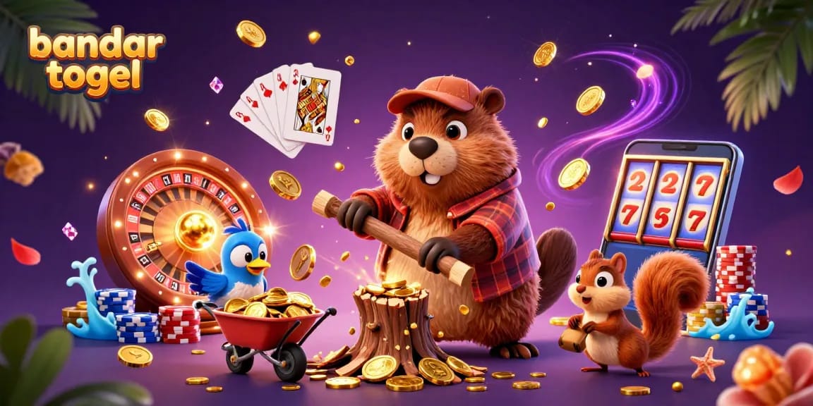 Engage in bandar togel excitement with cartoon casino characters collecting sparkling treasures in vibrant 3D.