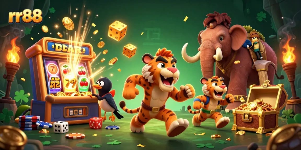 rr88 players enjoying a thrilling moment surrounded by bursting jackpots and dynamic casino elements
