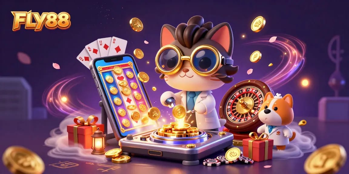 Experience FLY88's thrilling casino adventure with golden coins and colorful games bursting alive.