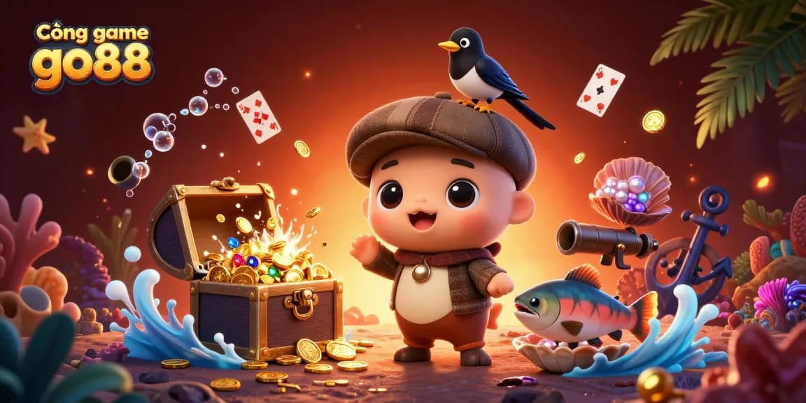 Engage with the vibrant Cổng game go88 featuring cartoon characters amidst underwater treasures and gambling elements.