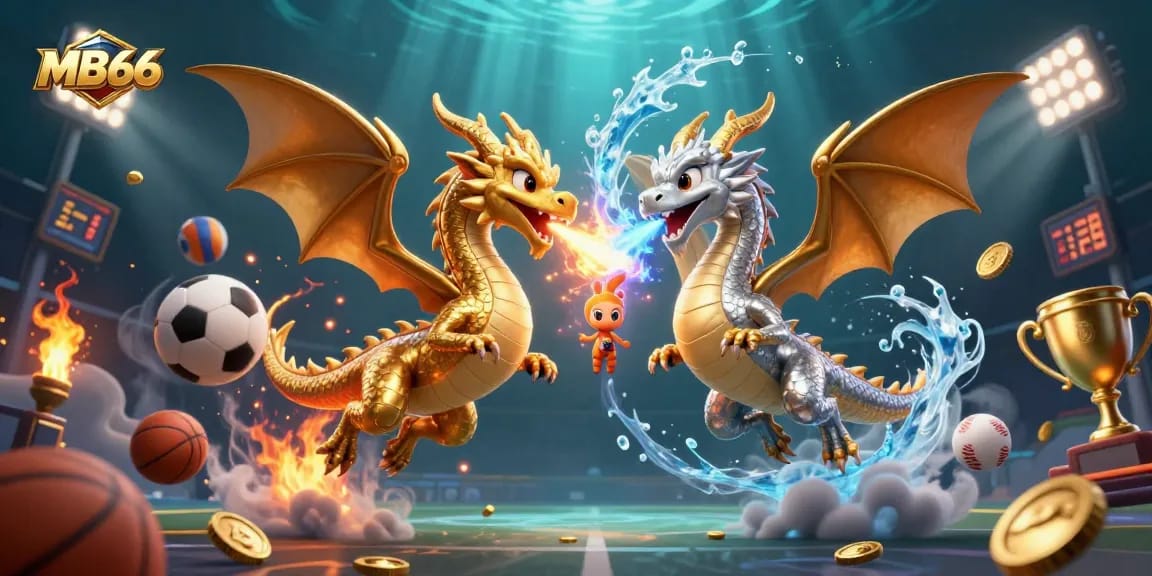 Engage in thrilling action at MB66 with animated dragons igniting fire and ice amidst a vibrant sports betting scene.