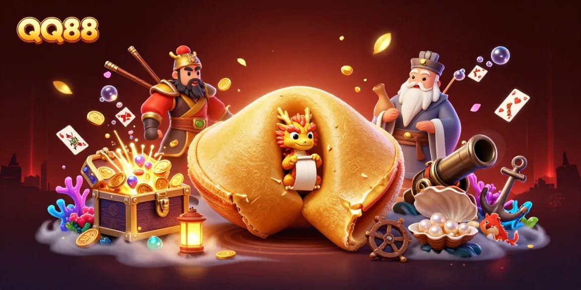 Engage with QQ88's vibrant casino scene featuring a golden fortune cookie and a wise dragon amidst floating treasures.