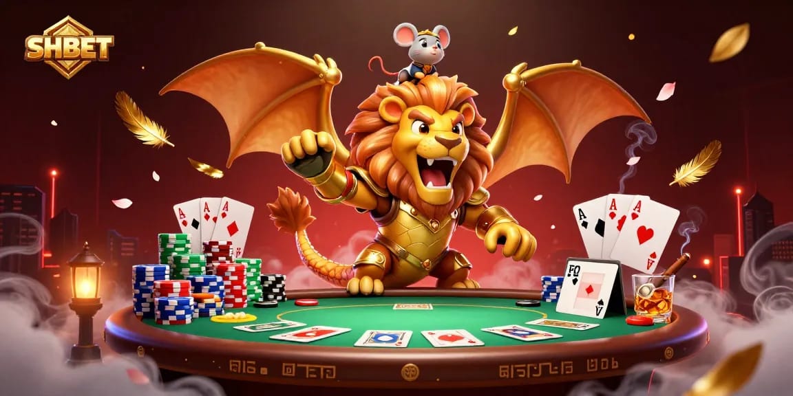 SHBET players engage in casino triumph with chips, poker hands, and 3D characters in a vibrant scene