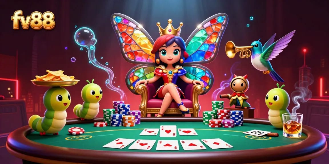 Experience the vibrant world of fv88 with a colorful butterfly queen amid exciting poker action.