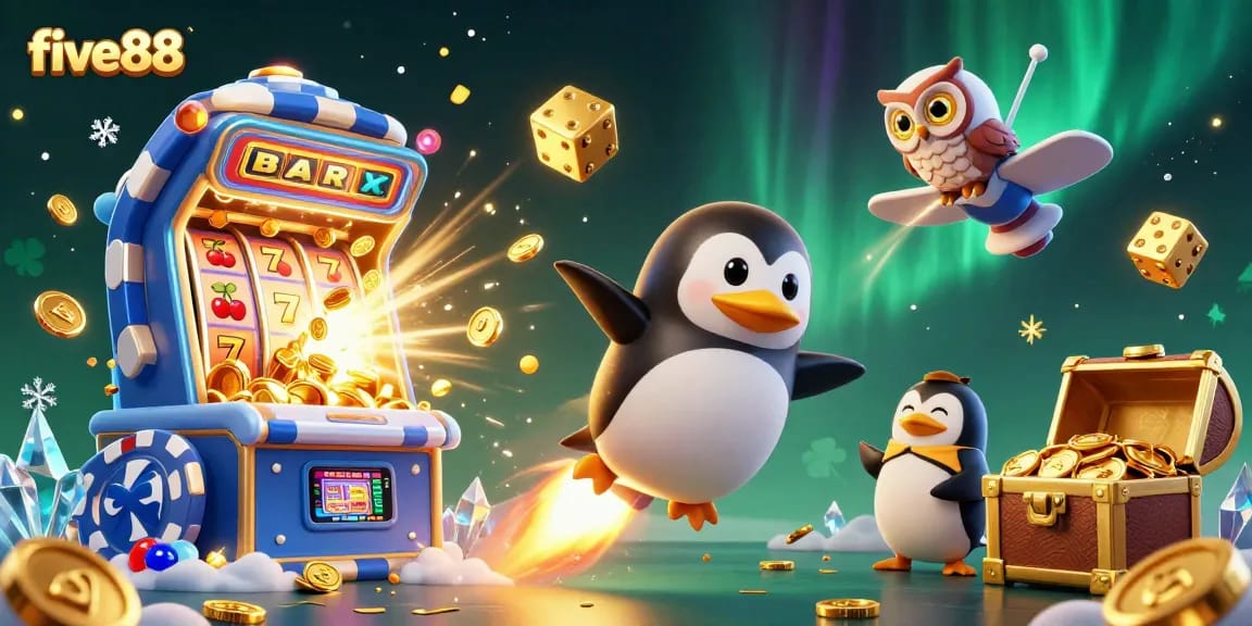 Experience five88's thrilling jackpot wins with a golden penguin, slot machines, and dynamic casino elements.
