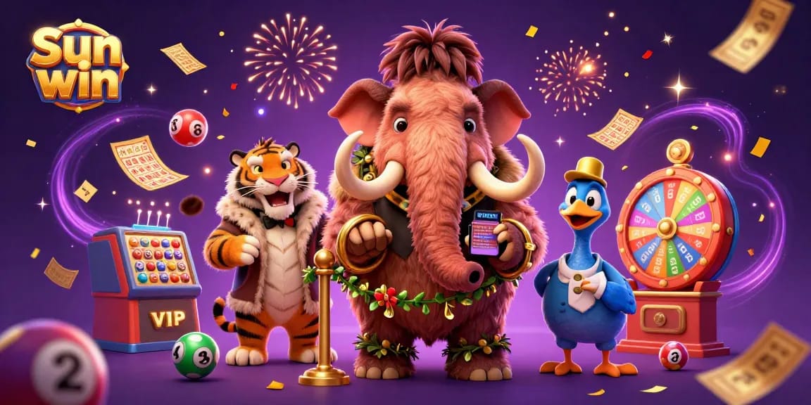 Experience the thrill of Sun win with a vibrant casino scene featuring a woolly mammoth bouncer and saber-tooth tiger.