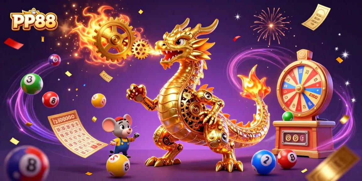 Engage with the dynamic atmosphere of PP88 where a golden dragon and mouse engineer create an exhilarating gaming experience.