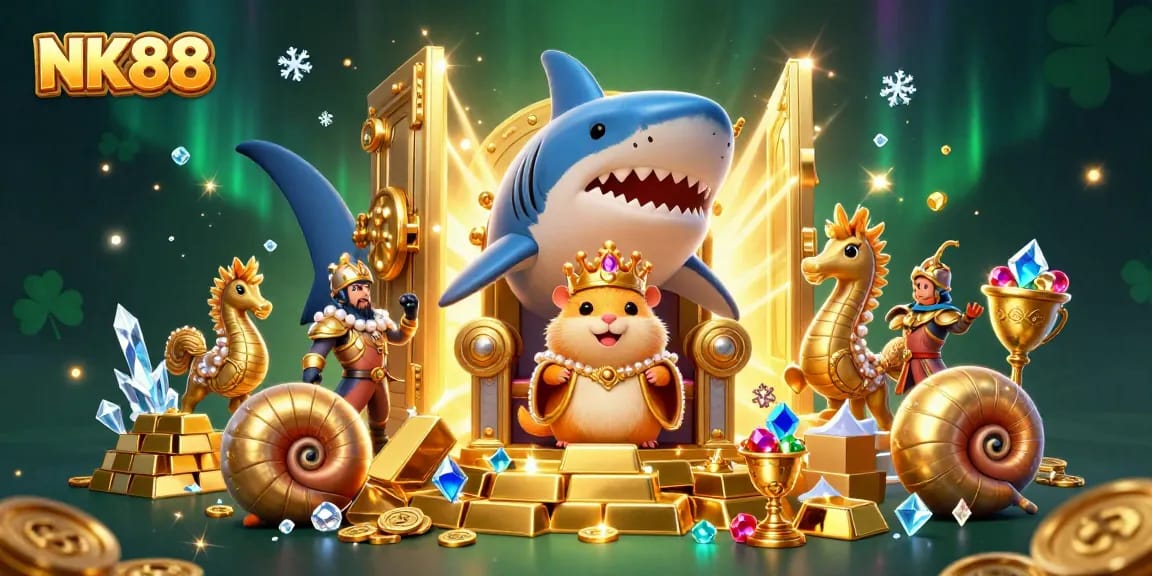 Experience thrilling gameplay at NK88 with a vibrant scene of a golden hamster king reigning over treasures.