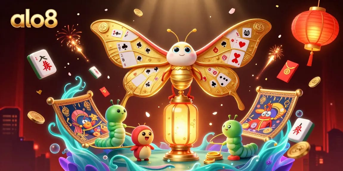 Experience the thrill of online gaming with alo8’s vibrant 3D casino scene featuring a majestic moth and rich gaming elements.
