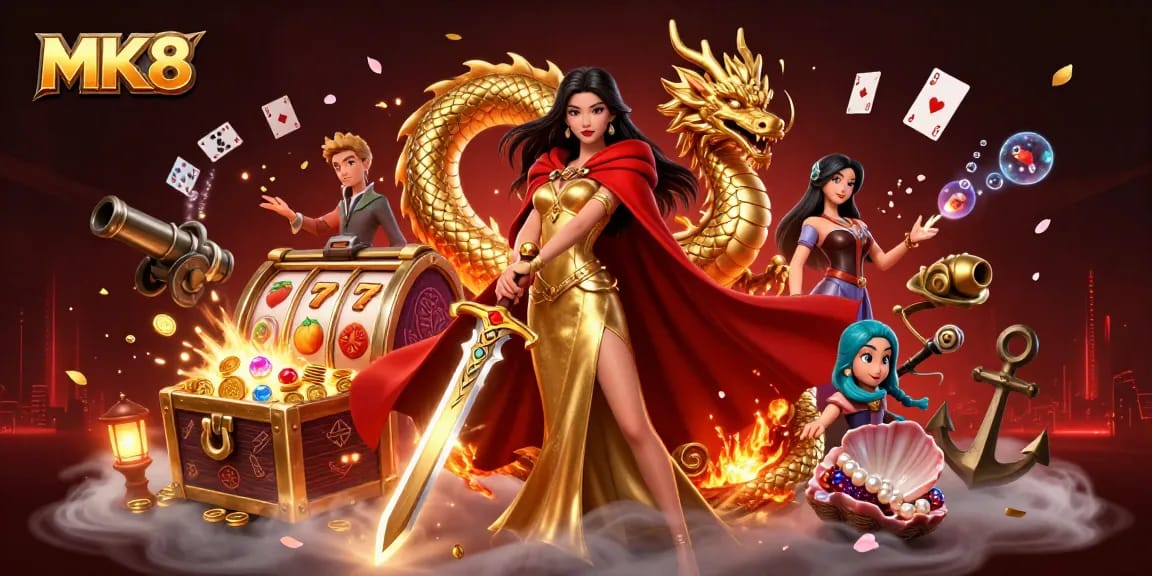 Experience thrilling wins at MK8 with this vibrant 3D casino illustration showcasing interactive gaming elements.