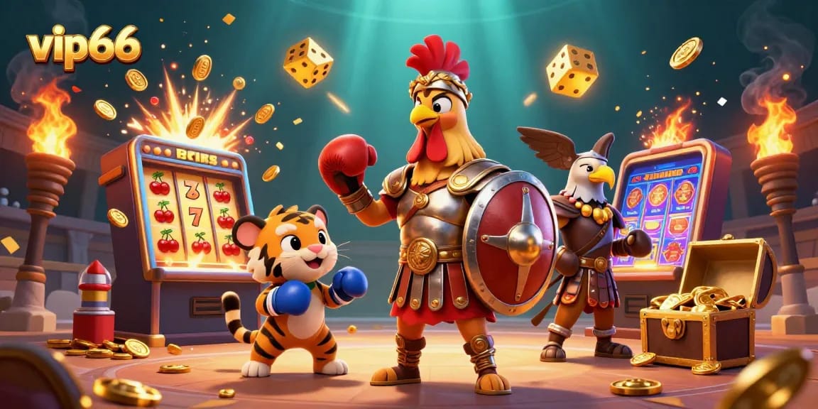 Experience the thrilling casino atmosphere at vip66 with exciting game elements in a rich digital illustration.