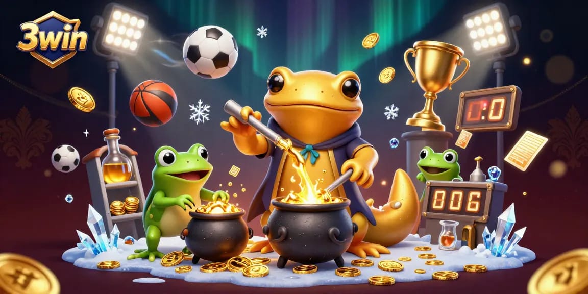 Experience thrilling action at 3win with a magical golden alchemist turning metal into coins surrounded by exciting sports elements.
