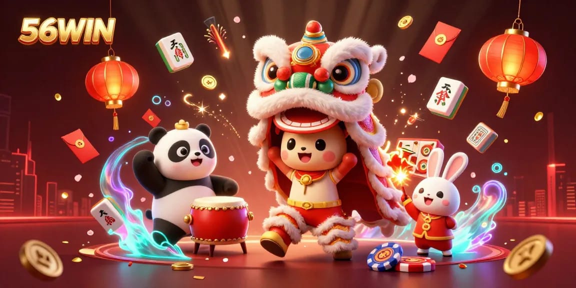 Experience the excitement of winning at 56WIN with vibrant gaming elements and festive atmosphere.