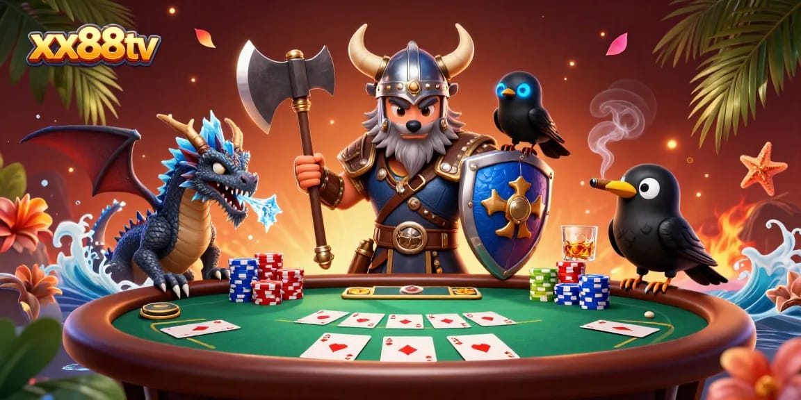 Engage with thrilling poker action in a vibrant xx88tv 3D illustration full of excitement.