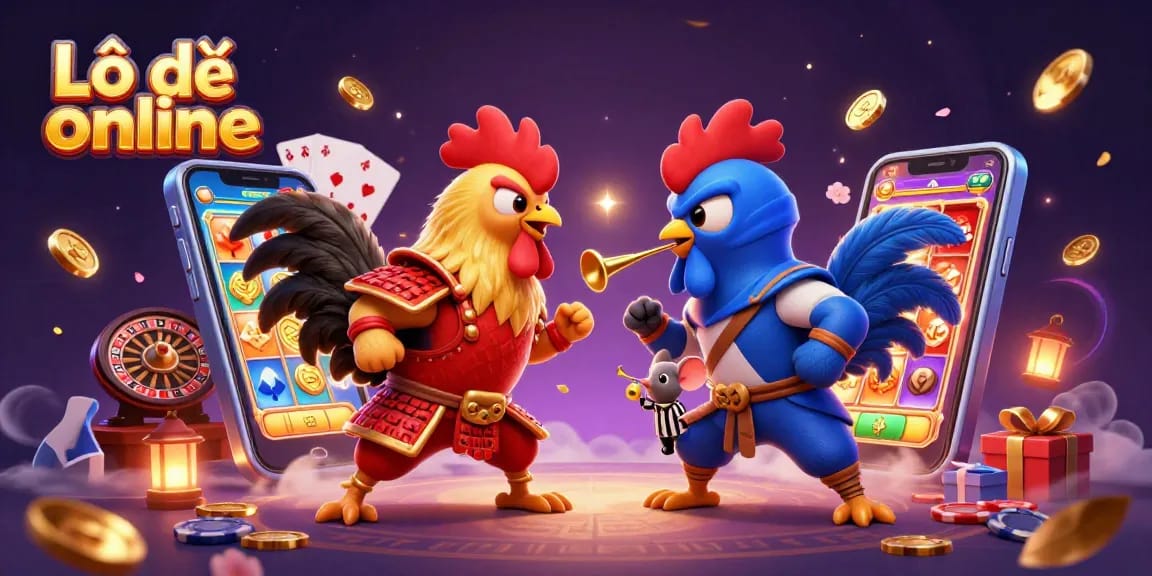 Experience thrilling Lô đề online with fighting roosters and casino games in a vibrant 3D scene.