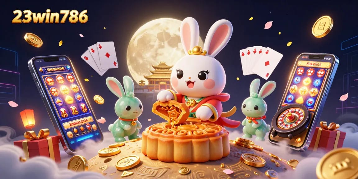 Exciting gameplay at 23win786 with poker chips popping from mooncakes, showcasing vibrant online casino action.