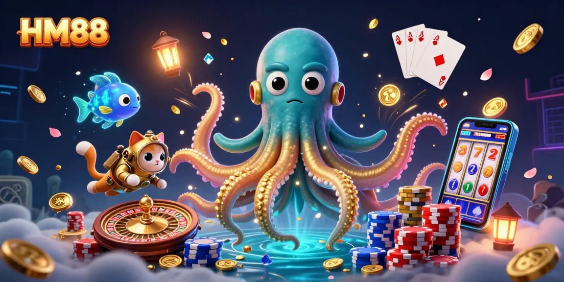Engage in thrilling gameplay at HM88, featuring a kraken surrounded by coins, cards, and vibrant casino elements.