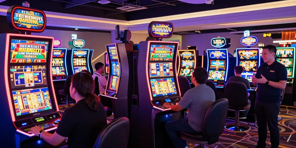 Exciting scene of players enjoying slot games at a neon-lit casino floor.