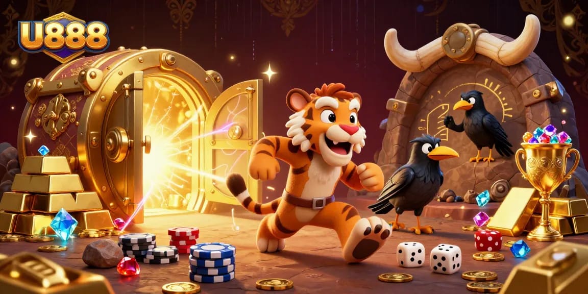 Engage with U888 by exploring a vibrant, prehistoric casino scene filled with treasures.